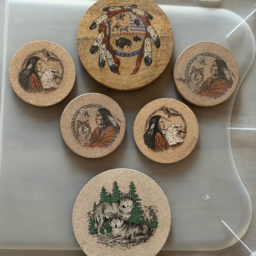 Vintage Southwestern Native American Themed Coaster & Trivet Set